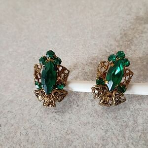 Gold-Tone Vintage Style Earrings with Emerald Green Stones